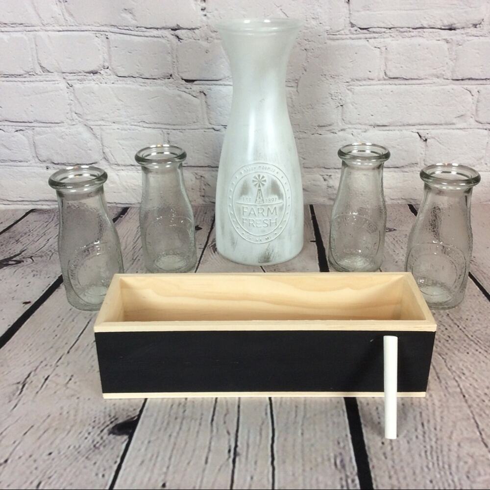 Farmhouse Decor 4 Small-1 Large Milk Bottles & Crate w/Chalkboard Front Country